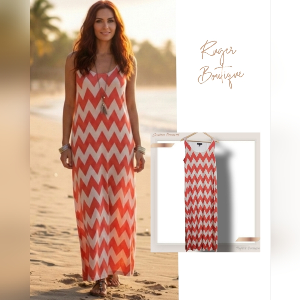 🌿Jessica Howard Women' Large Coral & Khaki Chevron Sleeveless Maxi Dress - Picture 1 of 12